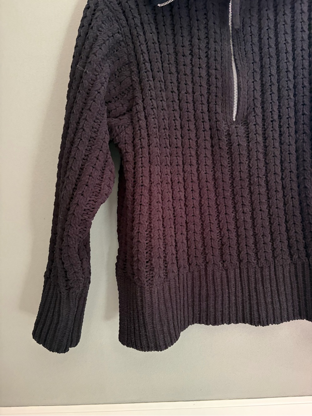 Aerie Cable Car 1/4 Zip Sweater Black Pullover Chenille Open Weave Chunky Knit - Picture 2 of 13
